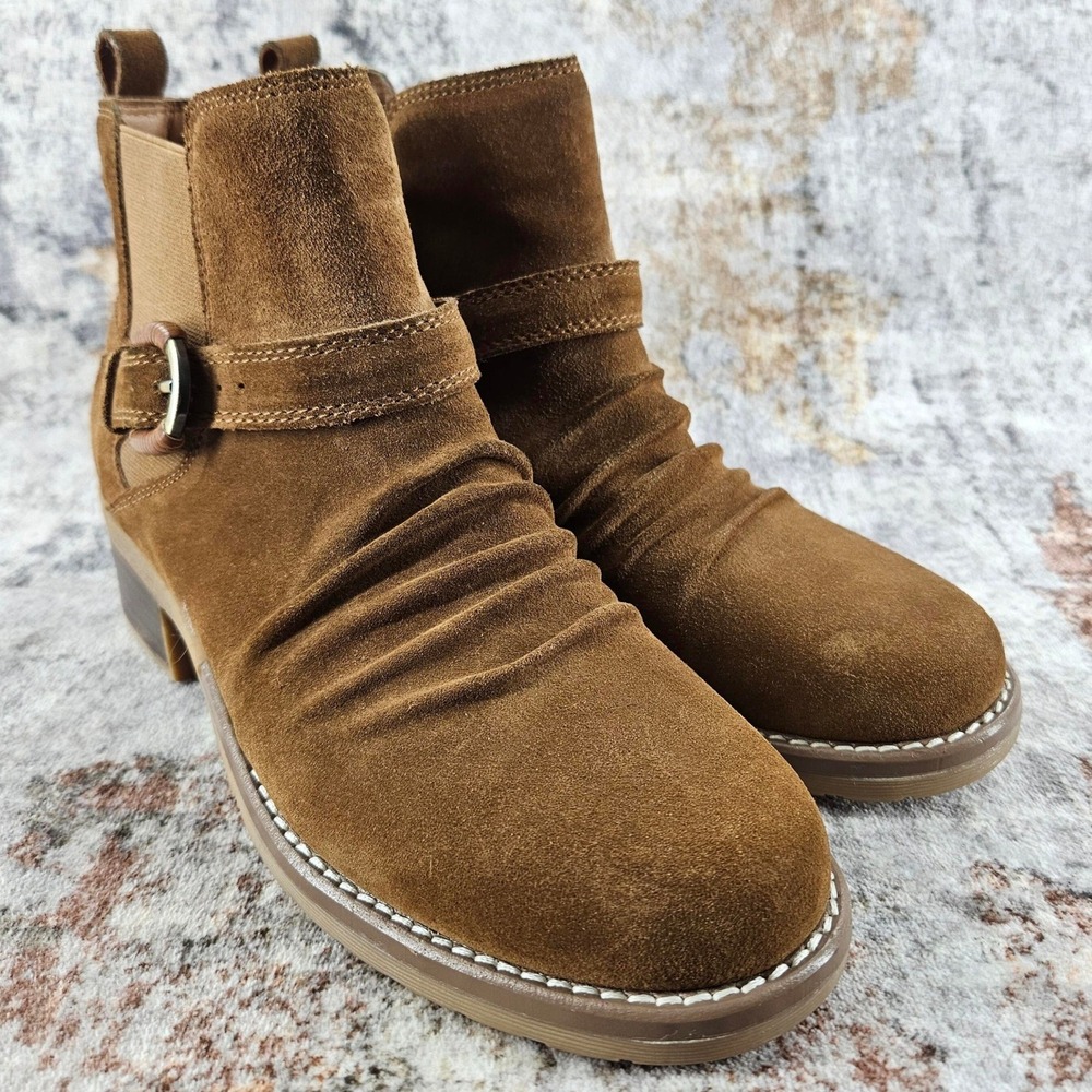 Earth Zane Ruched Block Heel Booties Womens 8.5 Brown Suede‎ Boho Western Casual